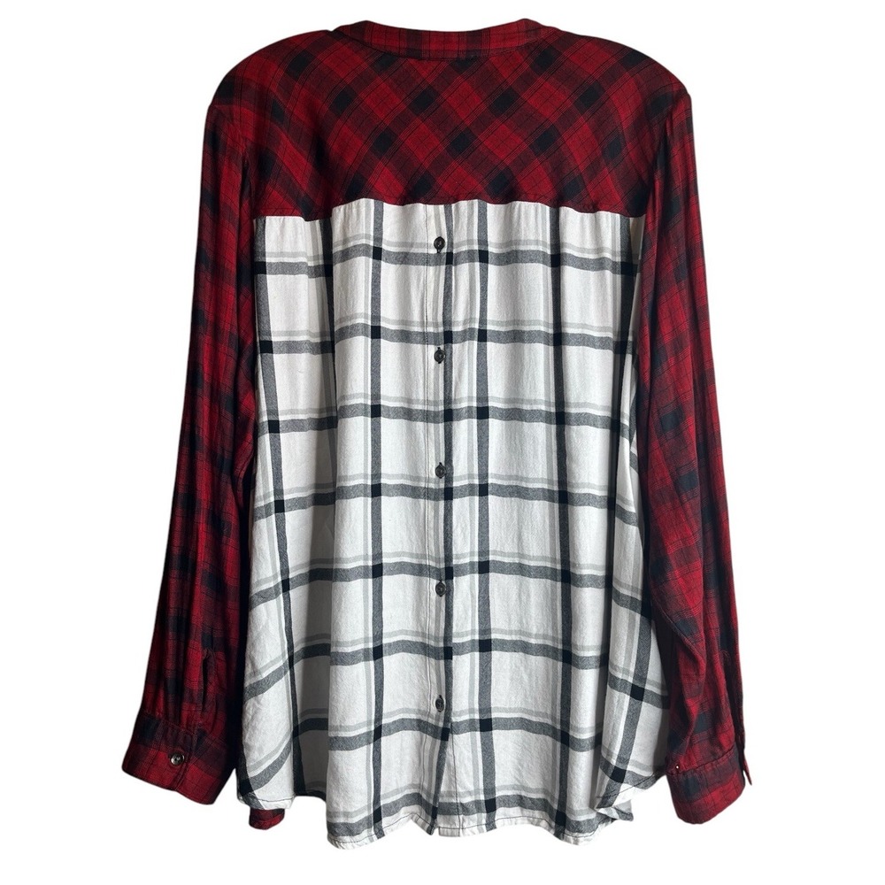Jessica Simpson Women's Top 2X Long Sleeve Plaid Contrasting Print Tie Neck - Picture 2 of 4